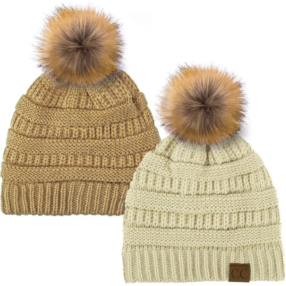 imageCC Hat43 Thick Warm Cap Hat Skully Faux Fur Pom Pom Cable Knit Beanie 2 PackBeigeCamel