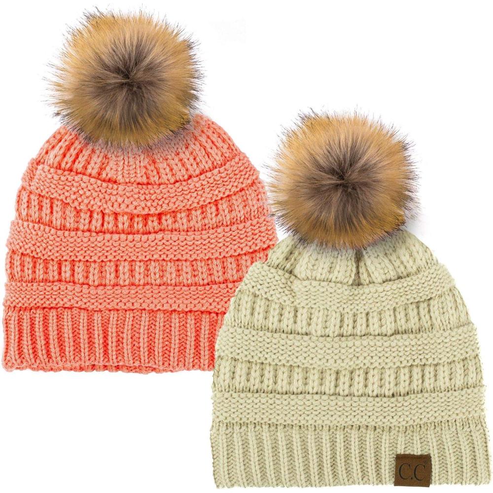 imageCC Hat43 Thick Warm Cap Hat Skully Faux Fur Pom Pom Cable Knit Beanie 2 PackBeigeCoral