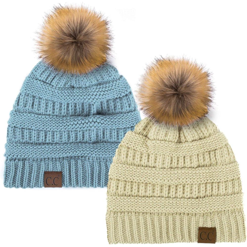 imageCC Hat43 Thick Warm Cap Hat Skully Faux Fur Pom Pom Cable Knit Beanie 2 PackBeigeDenim