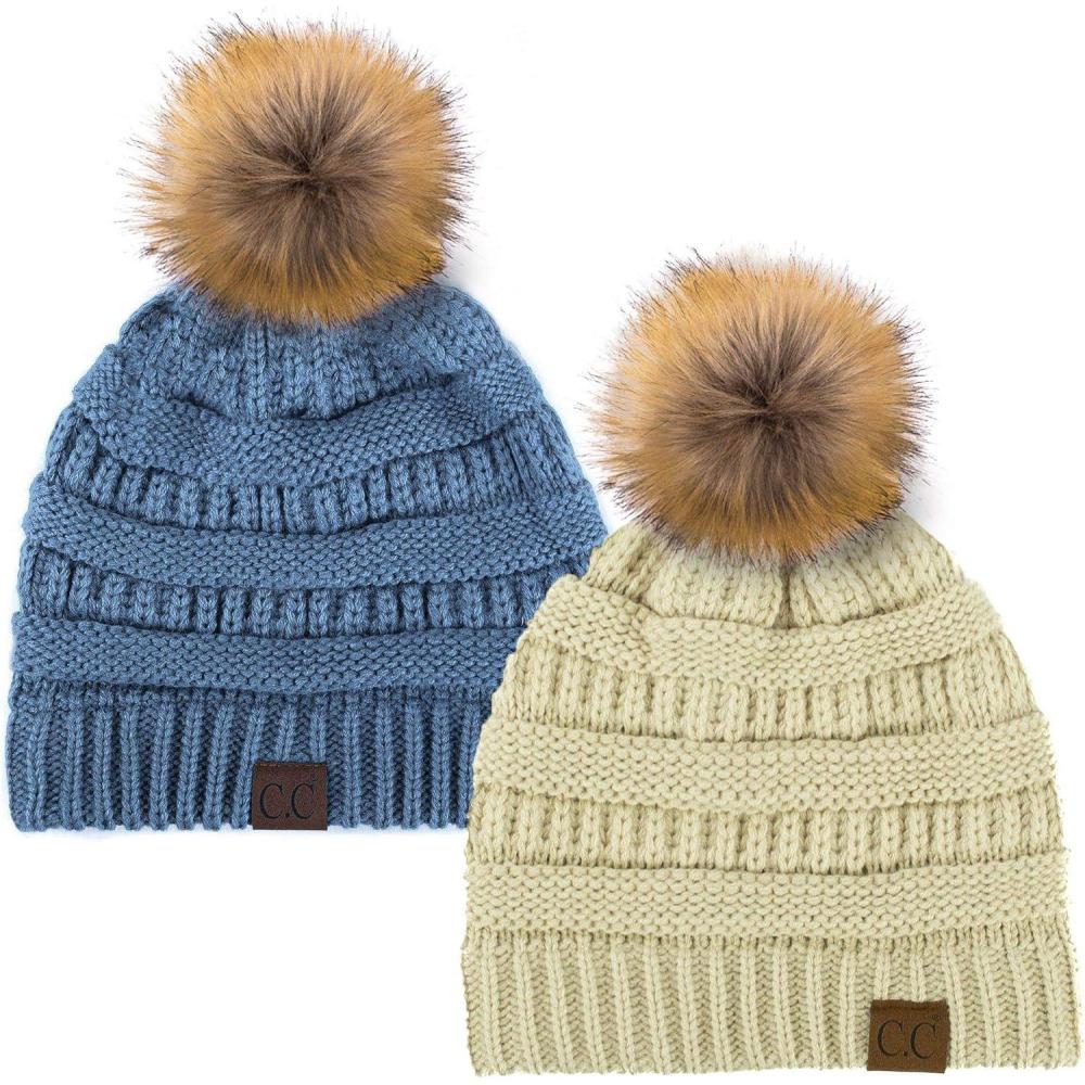 imageCC Hat43 Thick Warm Cap Hat Skully Faux Fur Pom Pom Cable Knit Beanie 2 PackBeigeDk Denim