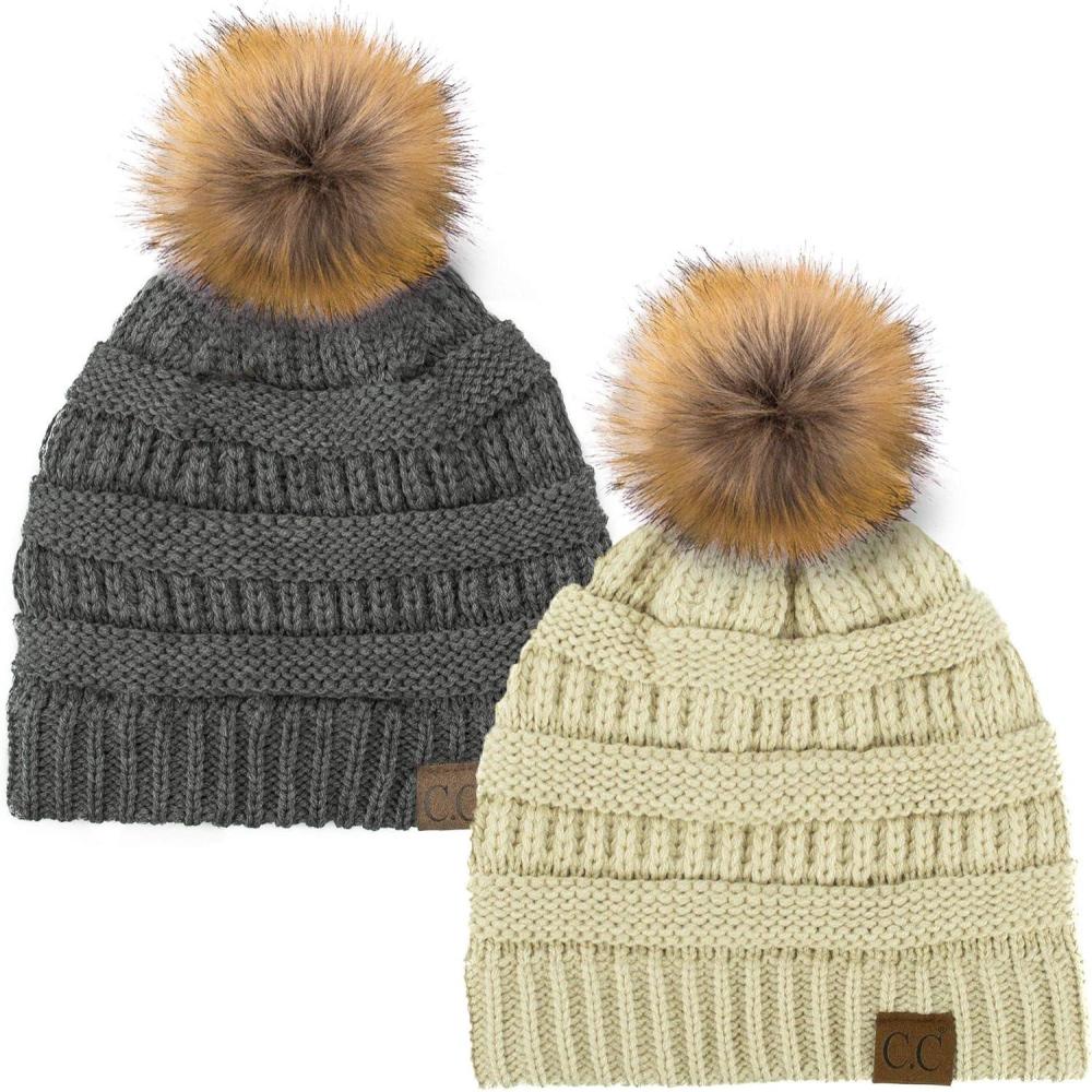 imageCC Hat43 Thick Warm Cap Hat Skully Faux Fur Pom Pom Cable Knit Beanie 2 PackBeigeDk Melange