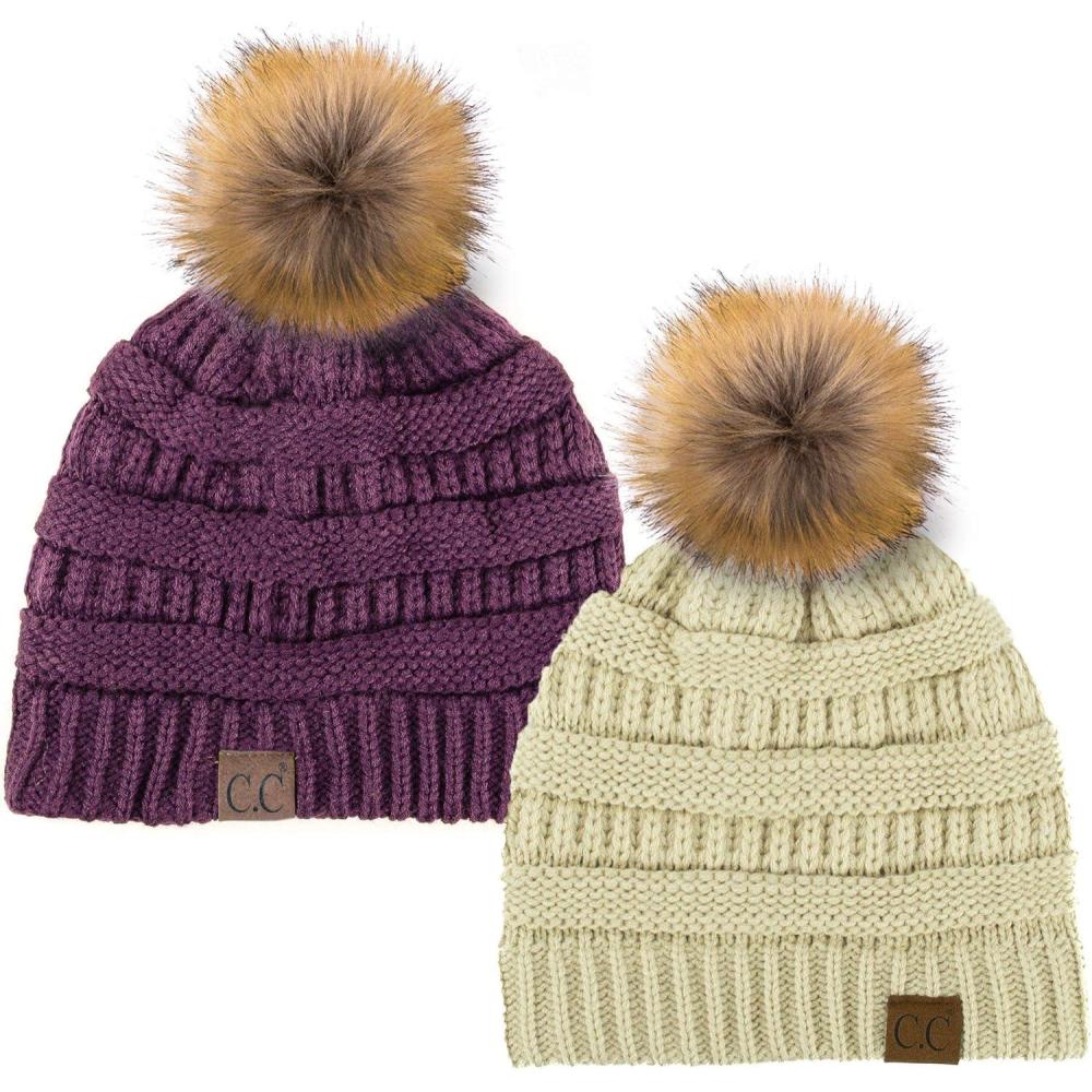 imageCC Hat43 Thick Warm Cap Hat Skully Faux Fur Pom Pom Cable Knit Beanie 2 PackBeigeDk Purple