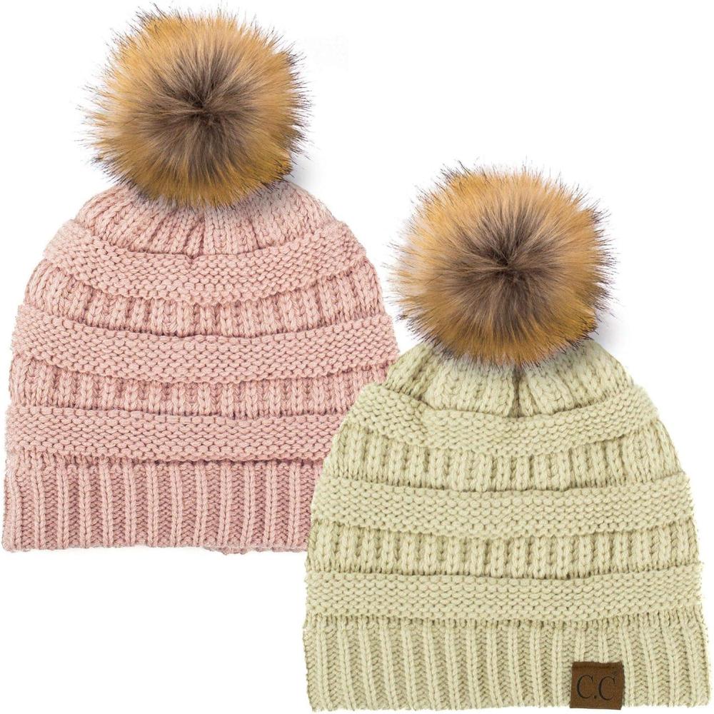 imageCC Hat43 Thick Warm Cap Hat Skully Faux Fur Pom Pom Cable Knit Beanie 2 PackBeigeIndi Pink