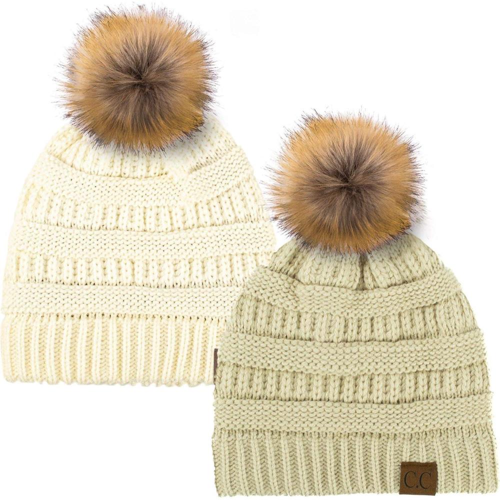 imageCC Hat43 Thick Warm Cap Hat Skully Faux Fur Pom Pom Cable Knit Beanie 2 PackBeigeIvory