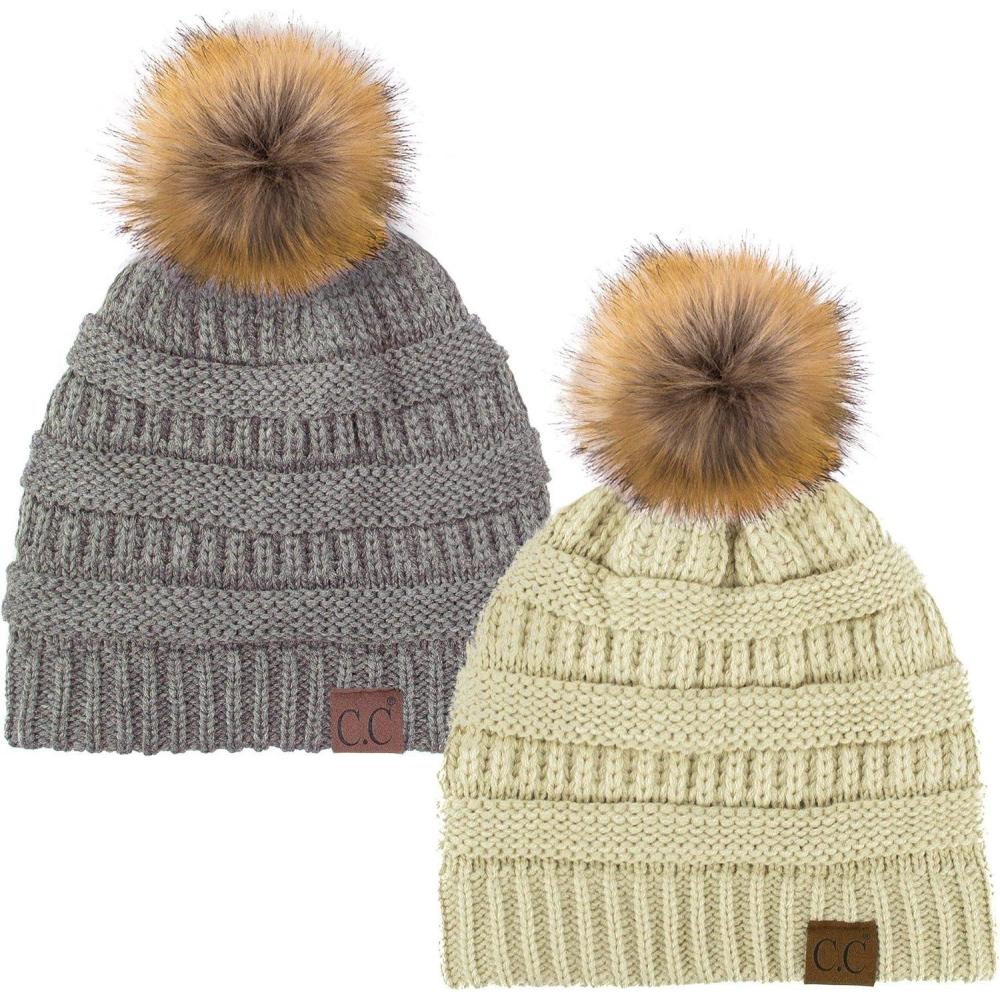 imageCC Hat43 Thick Warm Cap Hat Skully Faux Fur Pom Pom Cable Knit Beanie 2 PackBeigeLt Melange