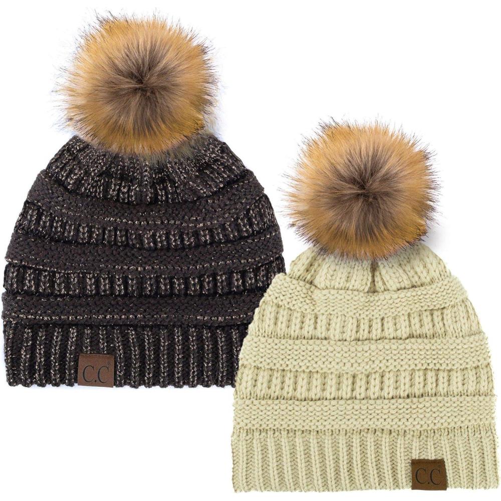 imageCC Hat43 Thick Warm Cap Hat Skully Faux Fur Pom Pom Cable Knit Beanie 2 PackBeigeMetallic Brown
