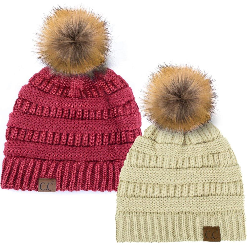 imageCC Hat43 Thick Warm Cap Hat Skully Faux Fur Pom Pom Cable Knit Beanie 2 PackBeigeMetallic Burgundy