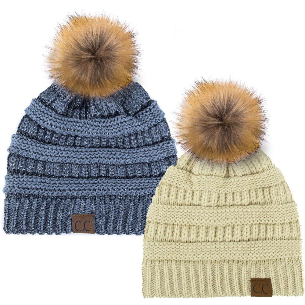 imageCC Hat43 Thick Warm Cap Hat Skully Faux Fur Pom Pom Cable Knit Beanie 2 PackBeigeMetallic Dk Denim