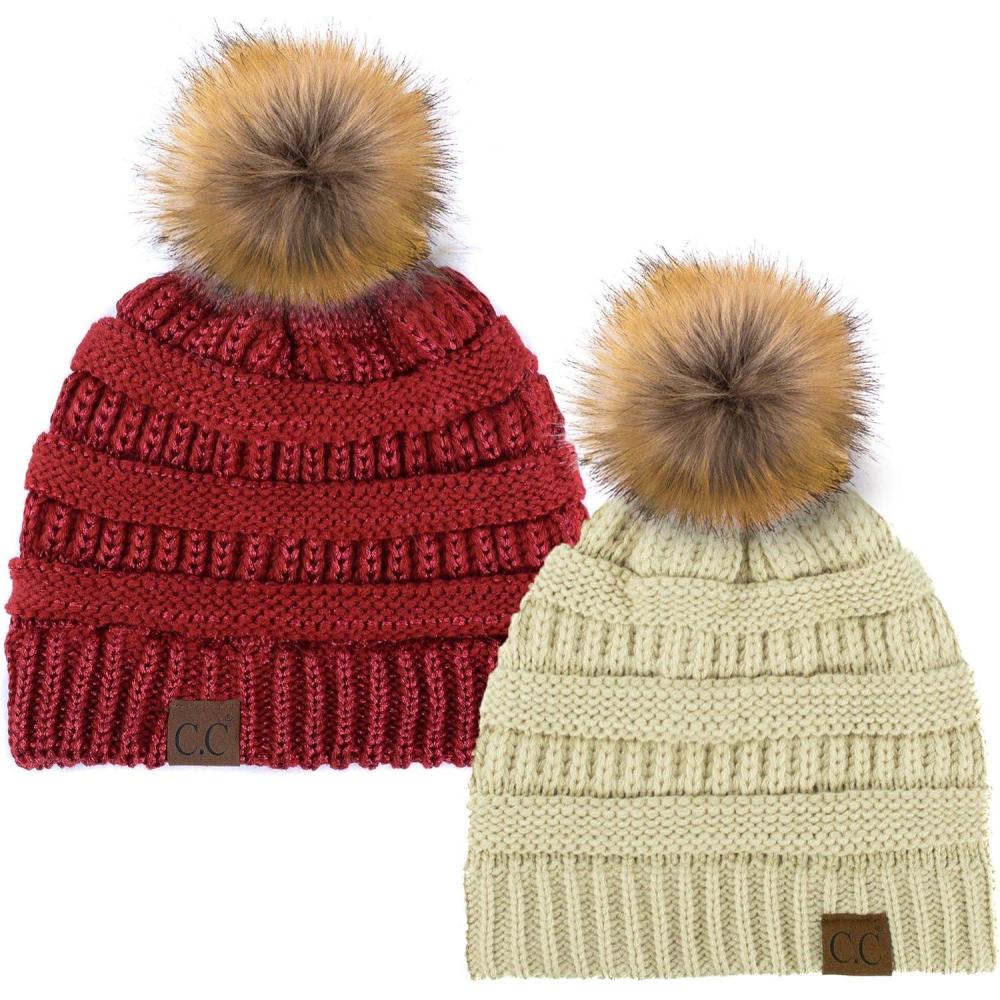 imageCC Hat43 Thick Warm Cap Hat Skully Faux Fur Pom Pom Cable Knit Beanie 2 PackBeigeMetallic Red