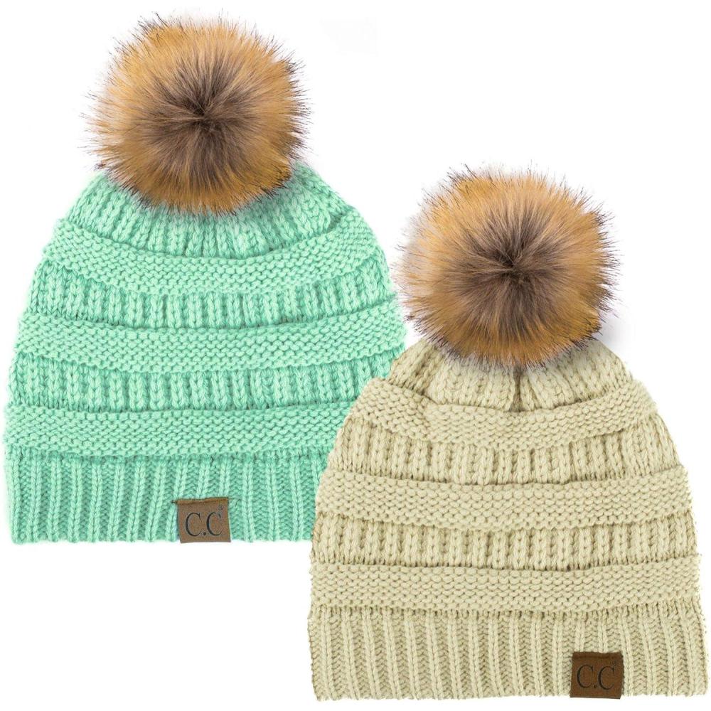 imageCC Hat43 Thick Warm Cap Hat Skully Faux Fur Pom Pom Cable Knit Beanie 2 PackBeigeMint
