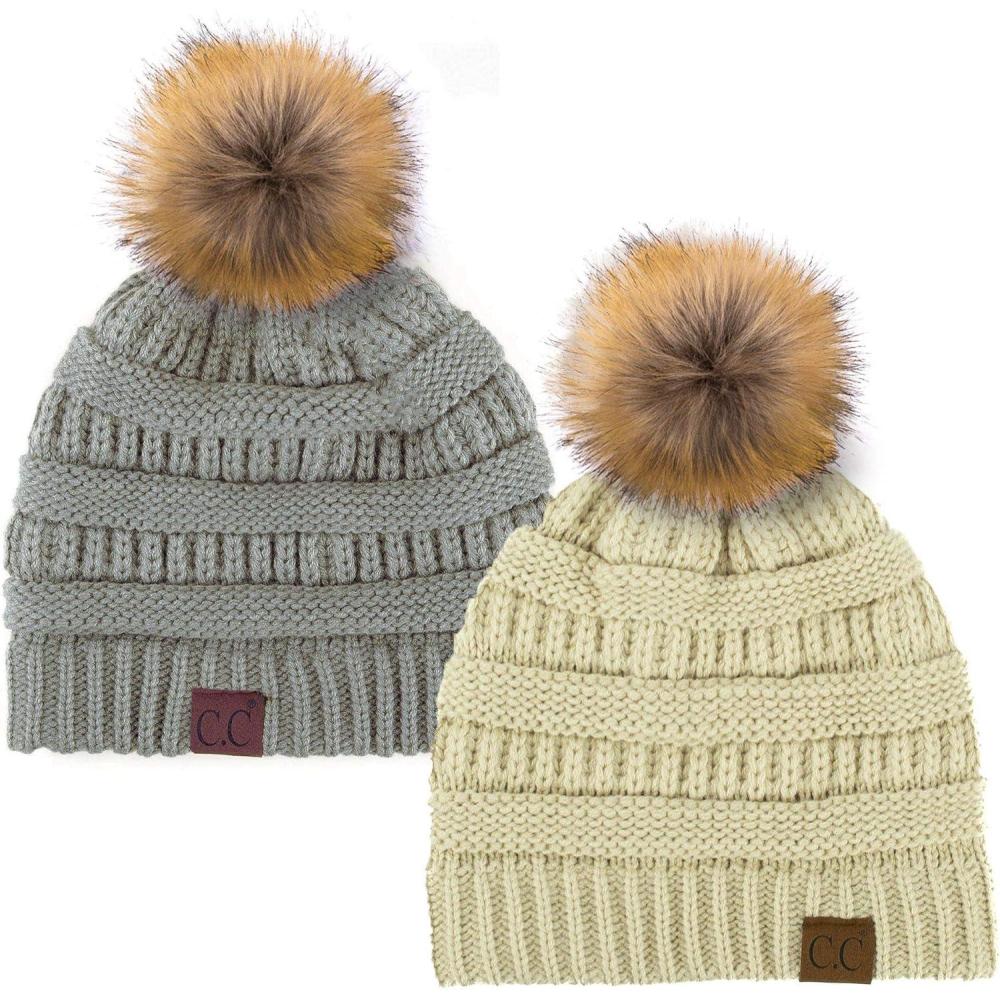 imageCC Hat43 Thick Warm Cap Hat Skully Faux Fur Pom Pom Cable Knit Beanie 2 PackBeigeNatural Grey
