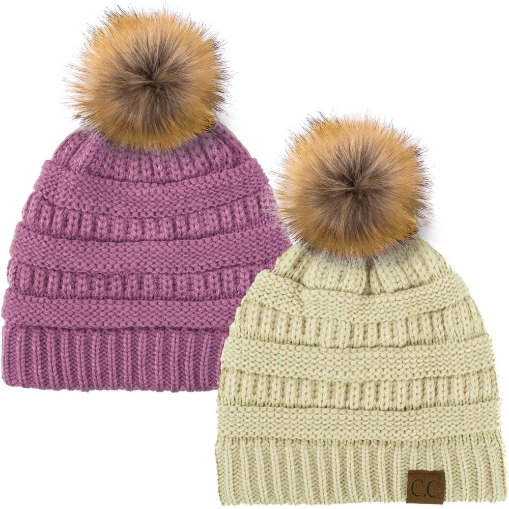 imageCC Hat43 Thick Warm Cap Hat Skully Faux Fur Pom Pom Cable Knit Beanie 2 PackBeigeNew Lavender