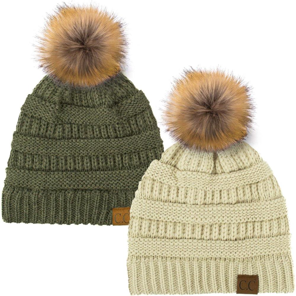 imageCC Hat43 Thick Warm Cap Hat Skully Faux Fur Pom Pom Cable Knit Beanie 2 PackBeigeNew Olive