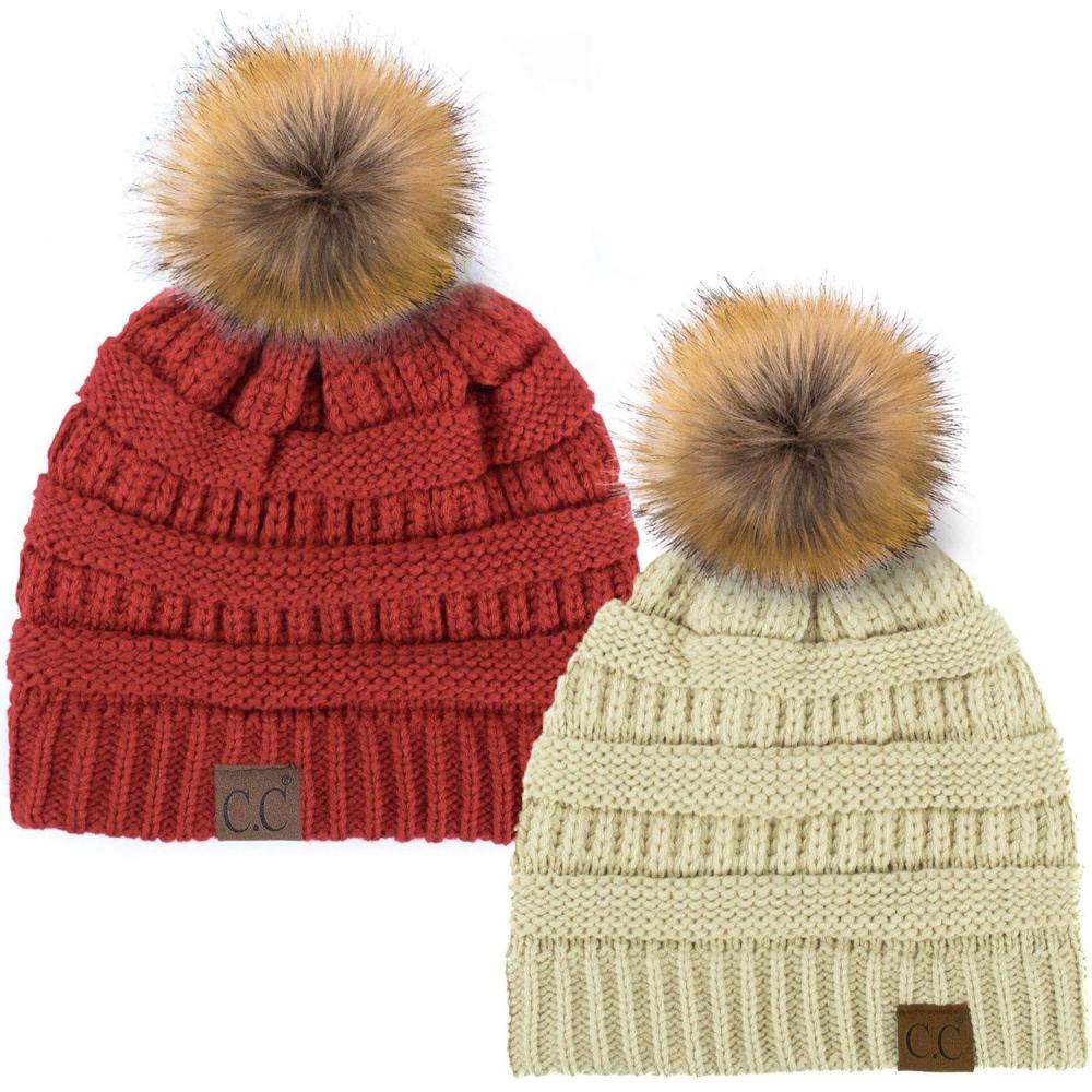 imageCC Hat43 Thick Warm Cap Hat Skully Faux Fur Pom Pom Cable Knit Beanie 2 PackBeigeRed