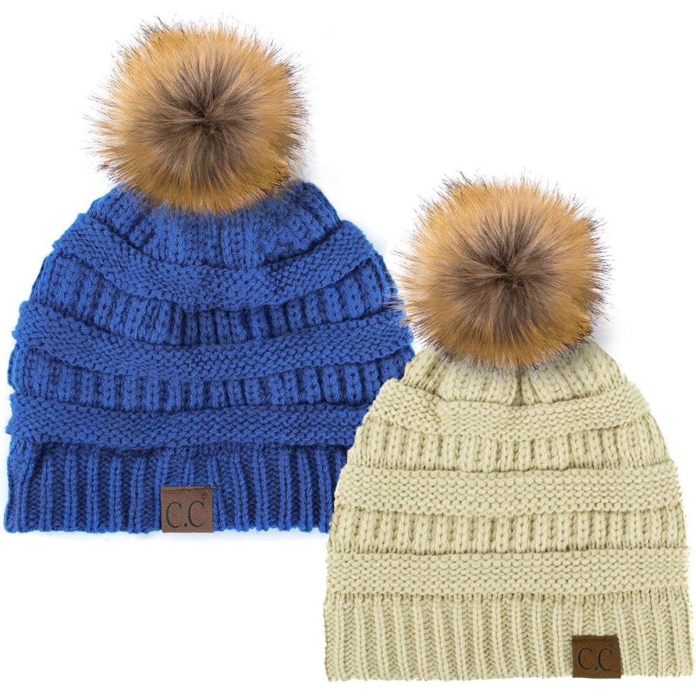 imageCC Hat43 Thick Warm Cap Hat Skully Faux Fur Pom Pom Cable Knit Beanie 2 PackBeigeRoyal