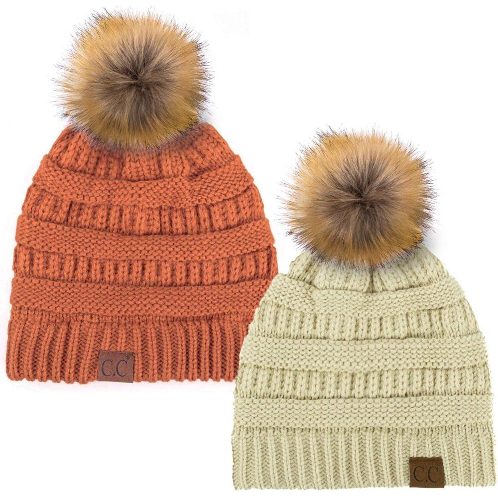 imageCC Hat43 Thick Warm Cap Hat Skully Faux Fur Pom Pom Cable Knit Beanie 2 PackBeigeRust