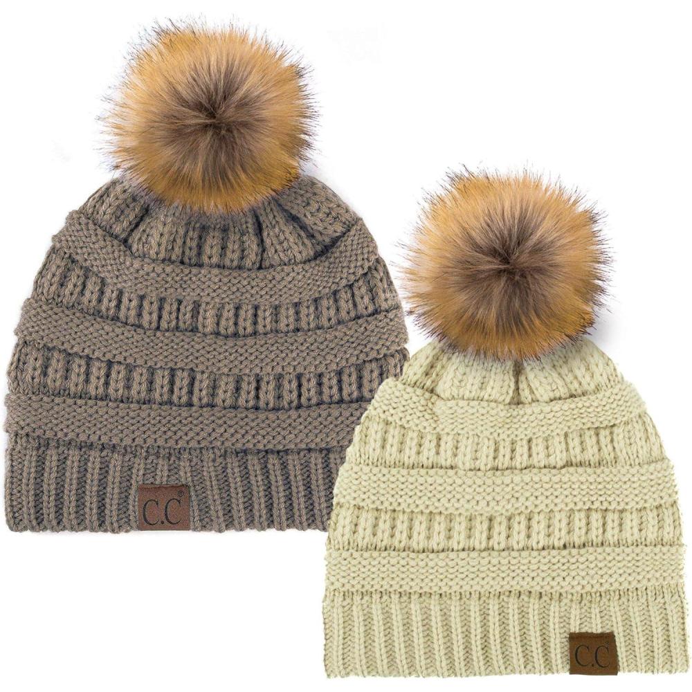 imageCC Hat43 Thick Warm Cap Hat Skully Faux Fur Pom Pom Cable Knit Beanie 2 PackBeigeTaupe