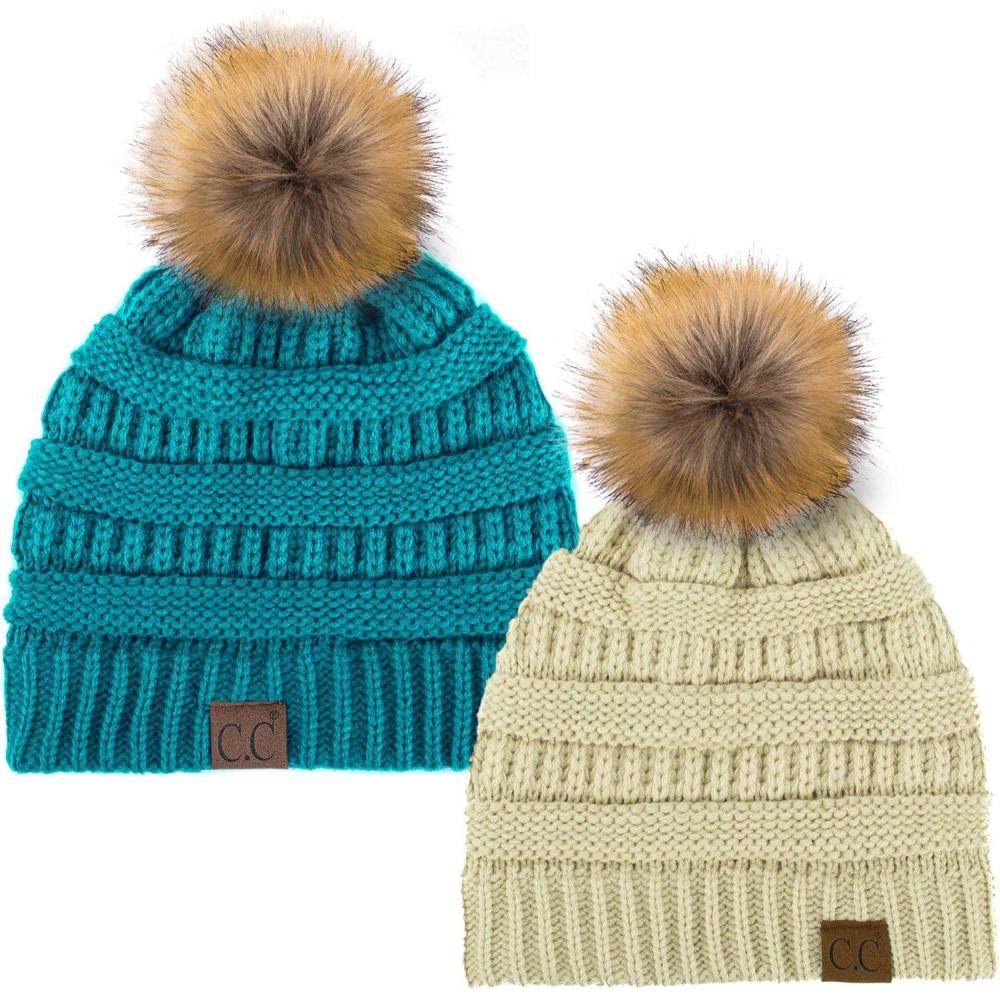 imageCC Hat43 Thick Warm Cap Hat Skully Faux Fur Pom Pom Cable Knit Beanie 2 PackBeigeTeal