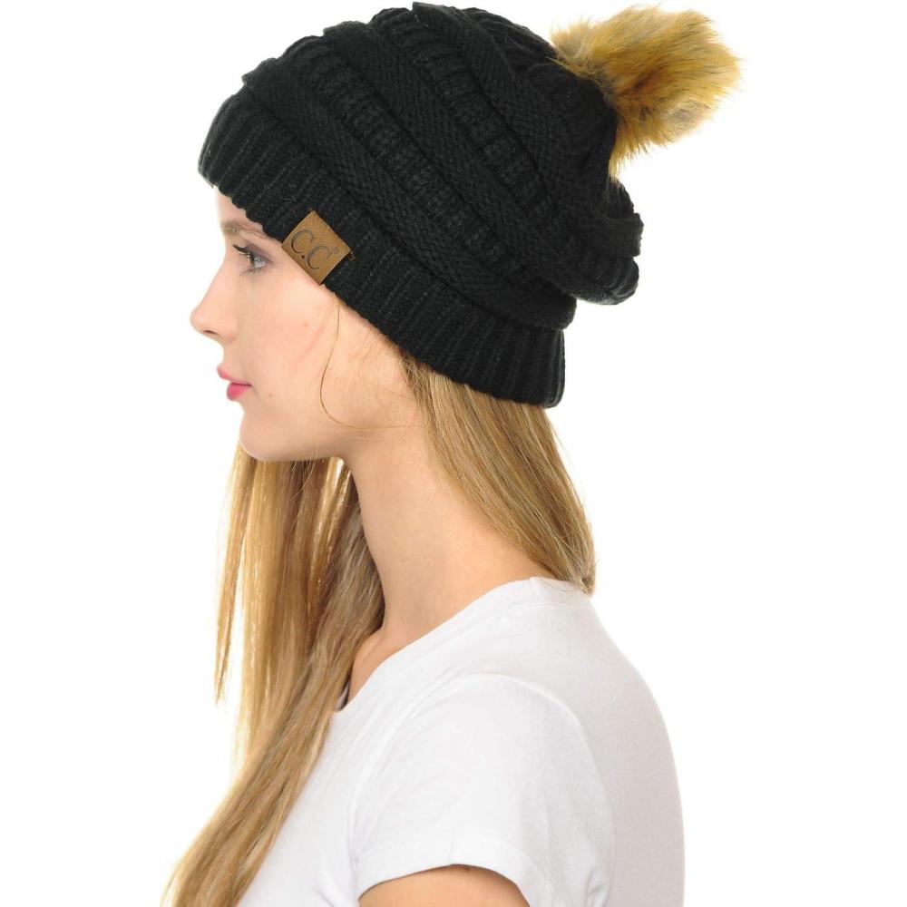 imageCC Hat43 Thick Warm Cap Hat Skully Faux Fur Pom Pom Cable Knit Beanie 2 PackBlack