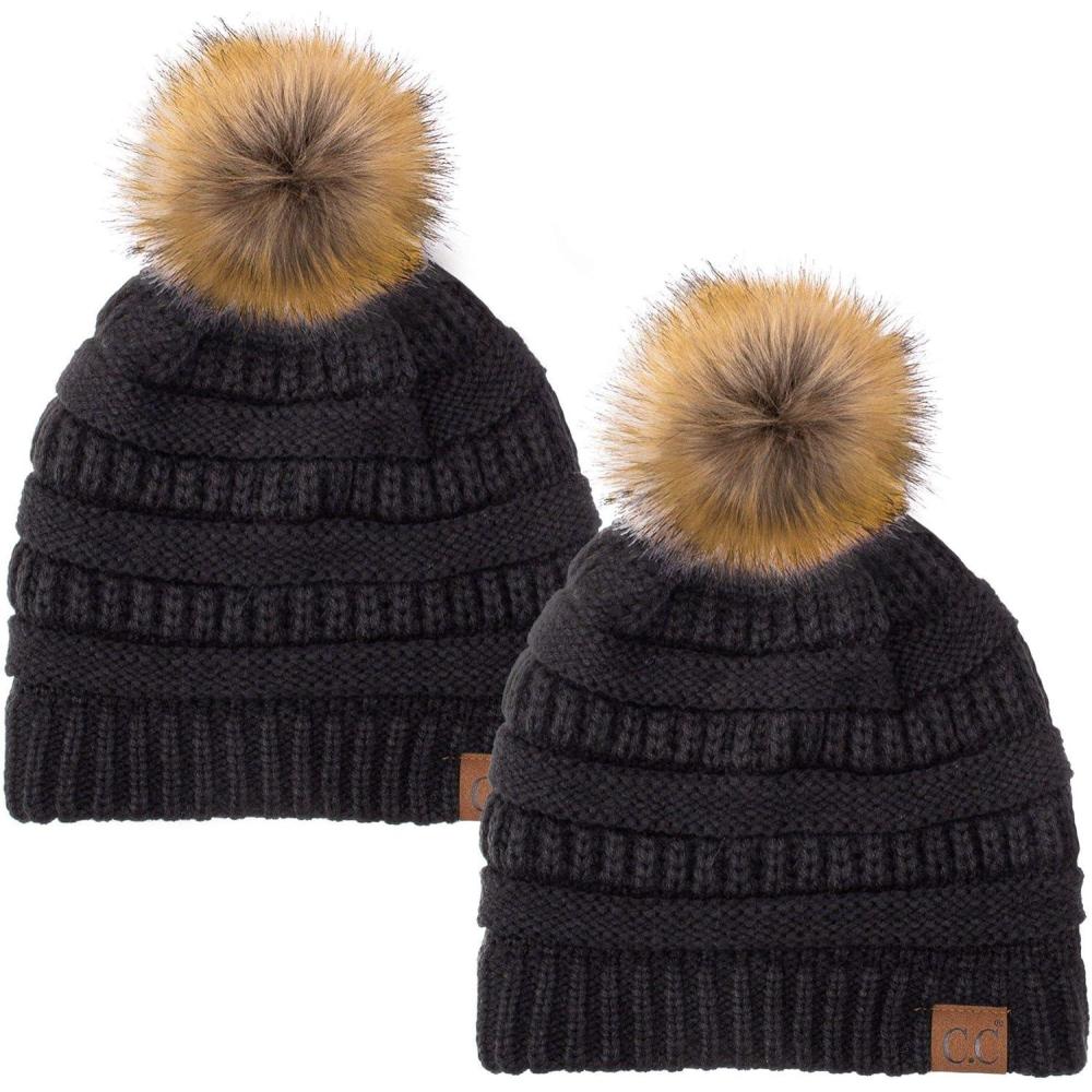 imageCC Hat43 Thick Warm Cap Hat Skully Faux Fur Pom Pom Cable Knit Beanie 2 PackBlackBlack
