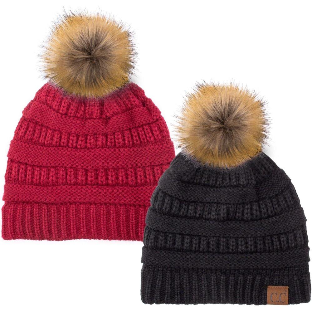 imageCC Hat43 Thick Warm Cap Hat Skully Faux Fur Pom Pom Cable Knit Beanie 2 PackBlackBurgundy