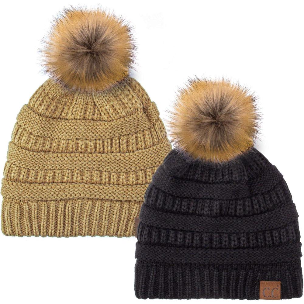 imageCC Hat43 Thick Warm Cap Hat Skully Faux Fur Pom Pom Cable Knit Beanie 2 PackBlackCamel