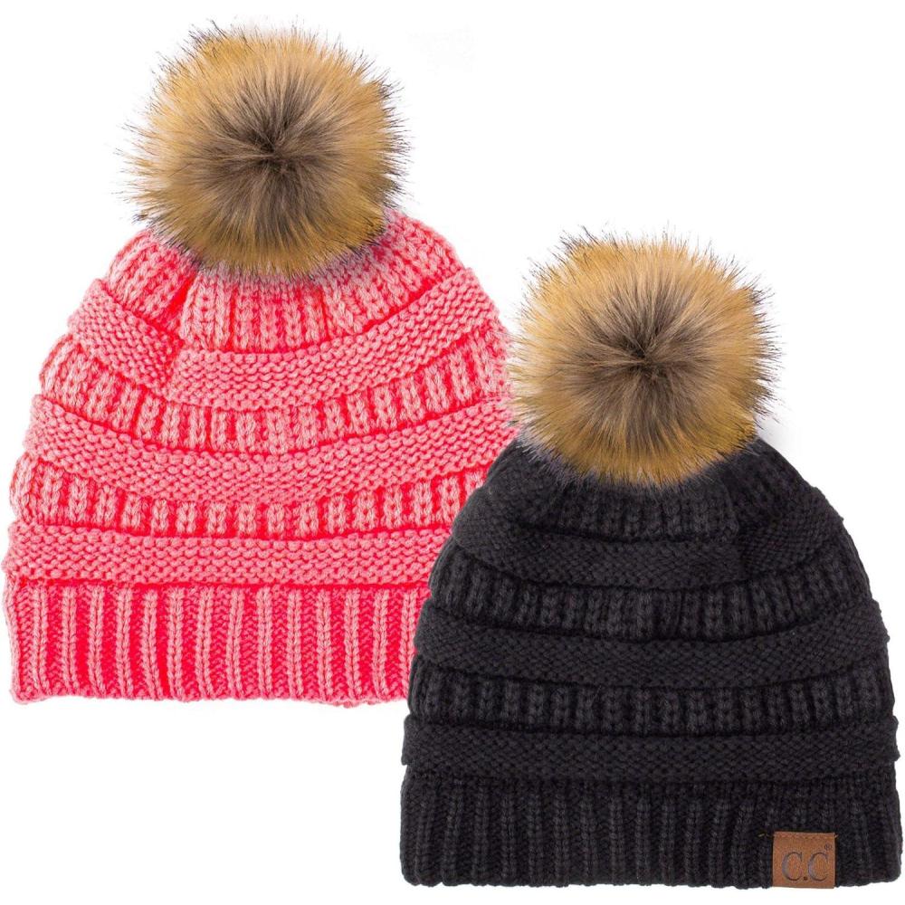imageCC Hat43 Thick Warm Cap Hat Skully Faux Fur Pom Pom Cable Knit Beanie 2 PackBlackCandy Pink