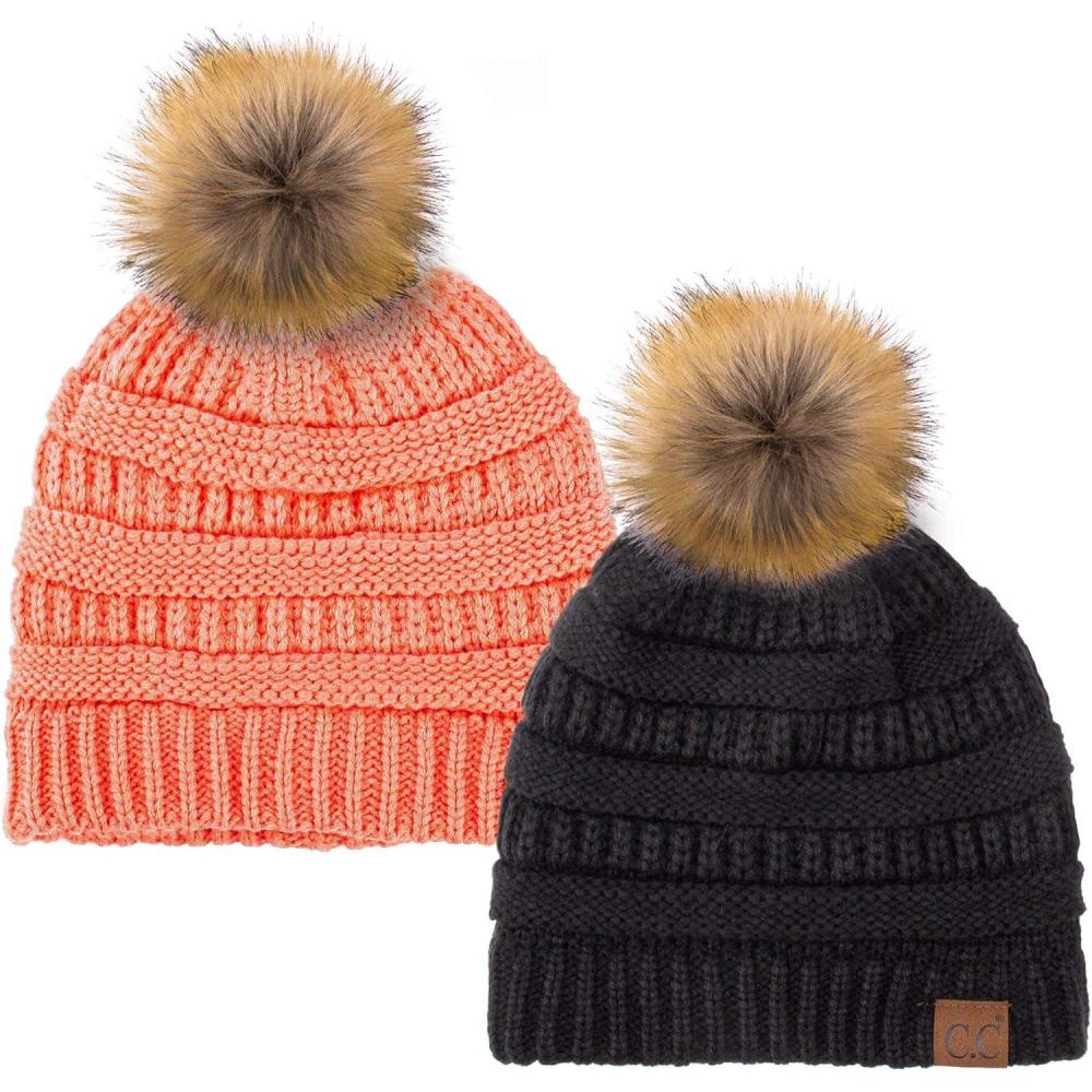 imageCC Hat43 Thick Warm Cap Hat Skully Faux Fur Pom Pom Cable Knit Beanie 2 PackBlackCoral