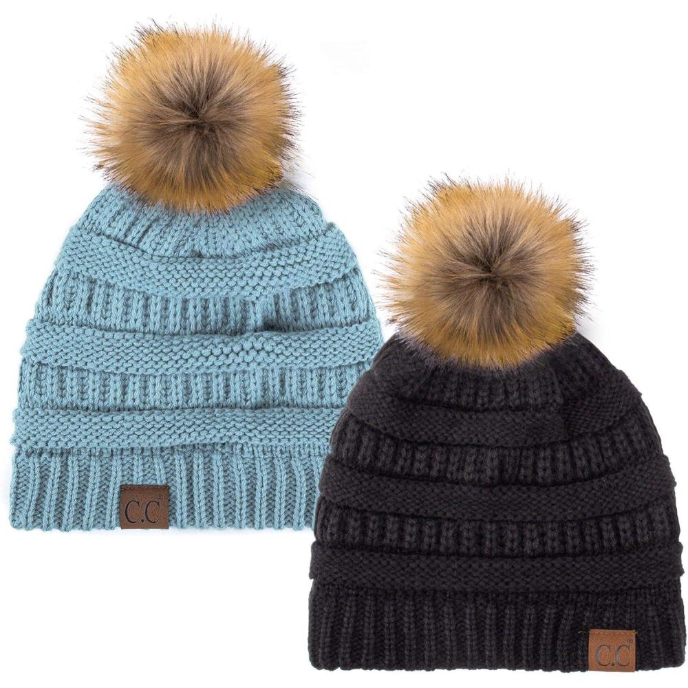 imageCC Hat43 Thick Warm Cap Hat Skully Faux Fur Pom Pom Cable Knit Beanie 2 PackBlackDenim