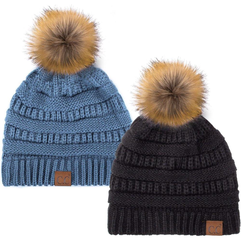 imageCC Hat43 Thick Warm Cap Hat Skully Faux Fur Pom Pom Cable Knit Beanie 2 PackBlackDk Denim