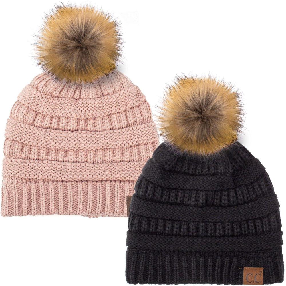 imageCC Hat43 Thick Warm Cap Hat Skully Faux Fur Pom Pom Cable Knit Beanie 2 PackBlackIndi Pink