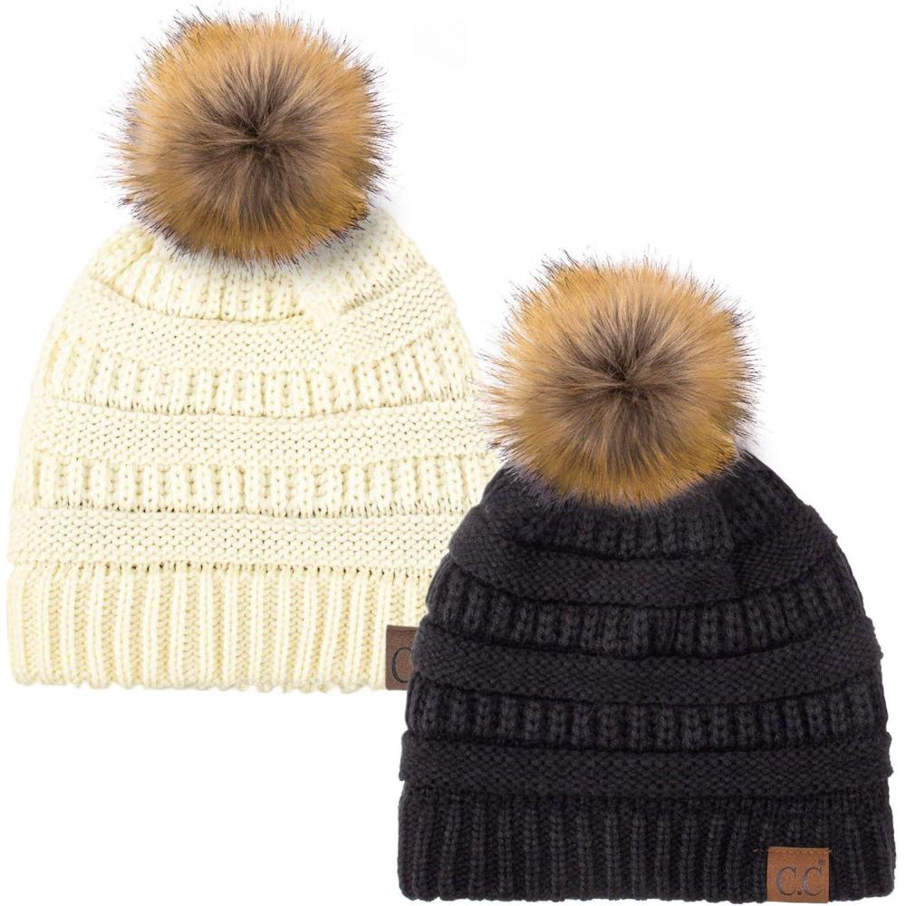 imageCC Hat43 Thick Warm Cap Hat Skully Faux Fur Pom Pom Cable Knit Beanie 2 PackBlackIvory