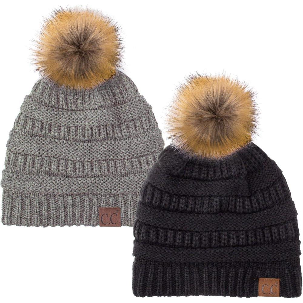 imageCC Hat43 Thick Warm Cap Hat Skully Faux Fur Pom Pom Cable Knit Beanie 2 PackBlackLt Melange