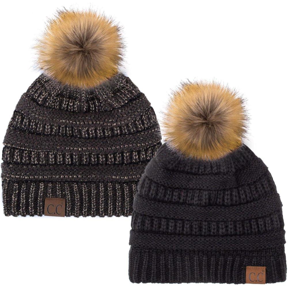 imageCC Hat43 Thick Warm Cap Hat Skully Faux Fur Pom Pom Cable Knit Beanie 2 PackBlackMetallic Brown