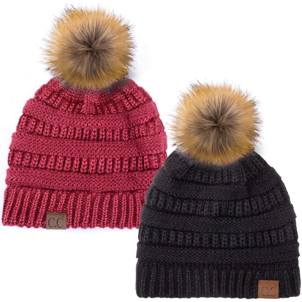 imageCC Hat43 Thick Warm Cap Hat Skully Faux Fur Pom Pom Cable Knit Beanie 2 PackBlackMetallic Burgundy
