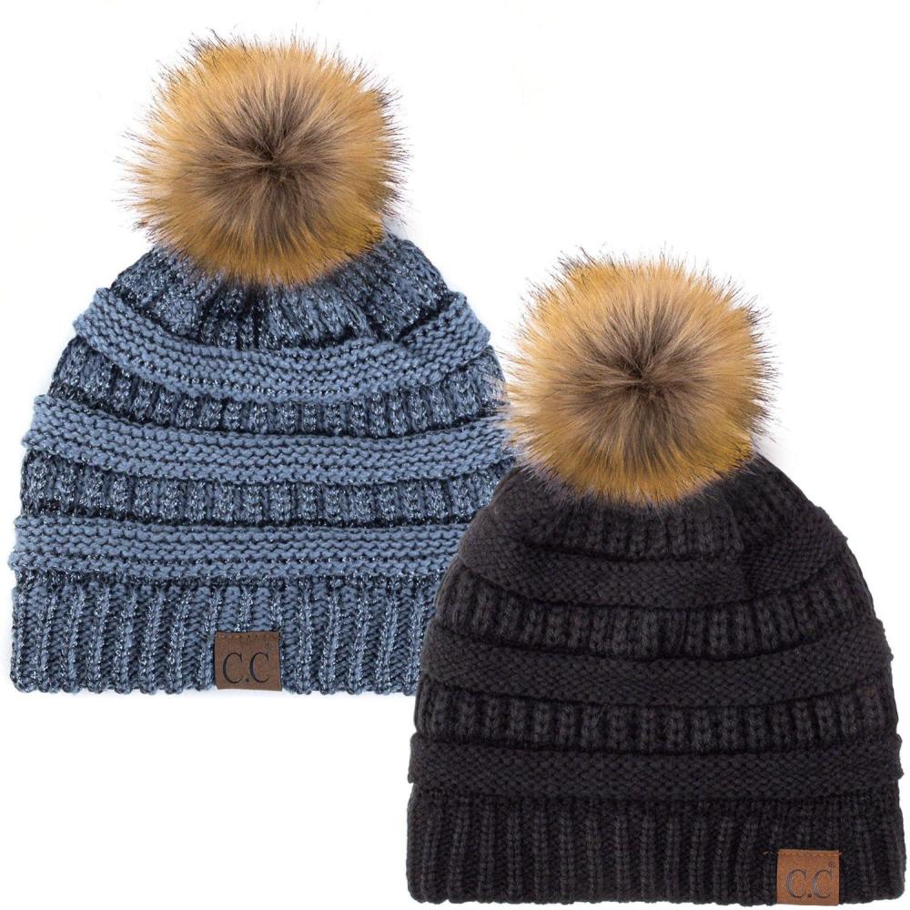 imageCC Hat43 Thick Warm Cap Hat Skully Faux Fur Pom Pom Cable Knit Beanie 2 PackBlackMetallic Dk Denim