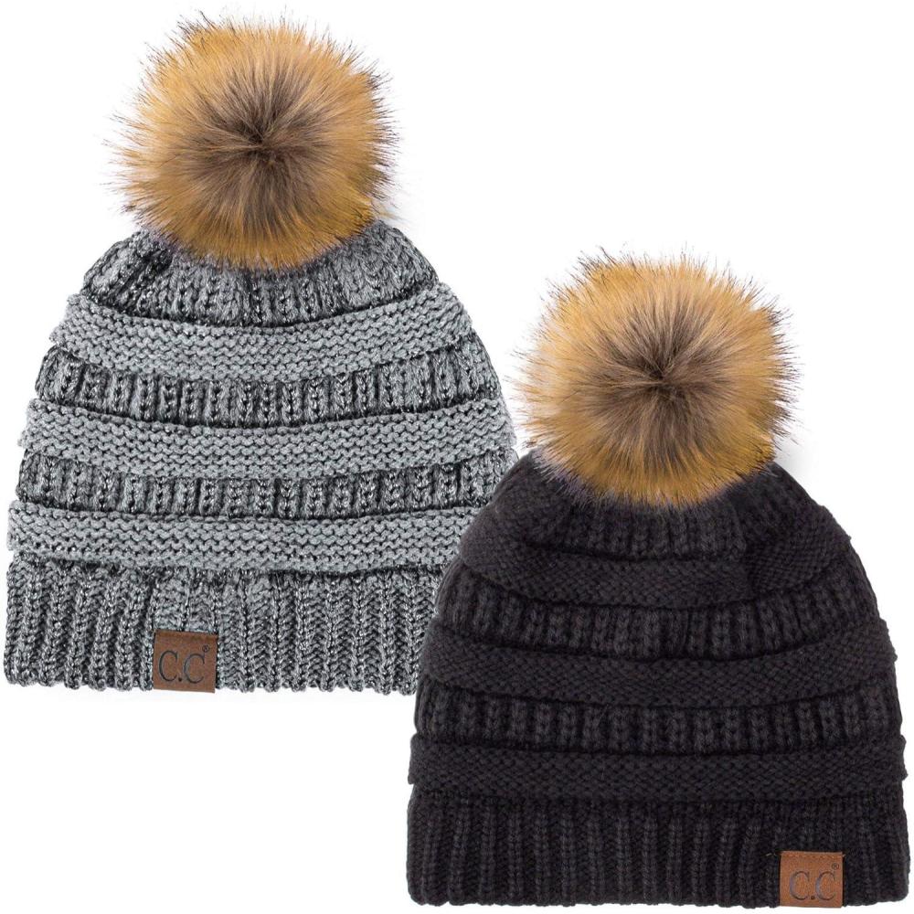 imageCC Hat43 Thick Warm Cap Hat Skully Faux Fur Pom Pom Cable Knit Beanie 2 PackBlackMetallic Dk Melange