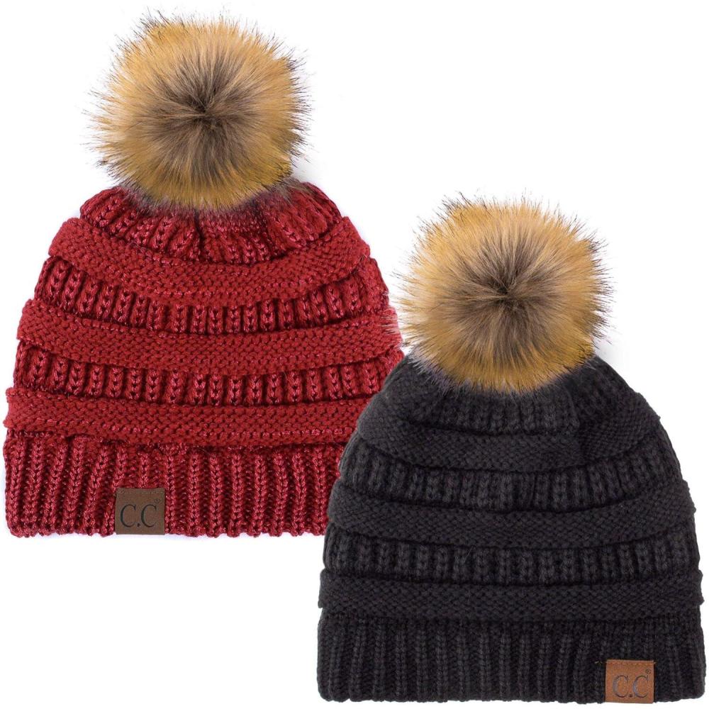 imageCC Hat43 Thick Warm Cap Hat Skully Faux Fur Pom Pom Cable Knit Beanie 2 PackBlackMetallic Red