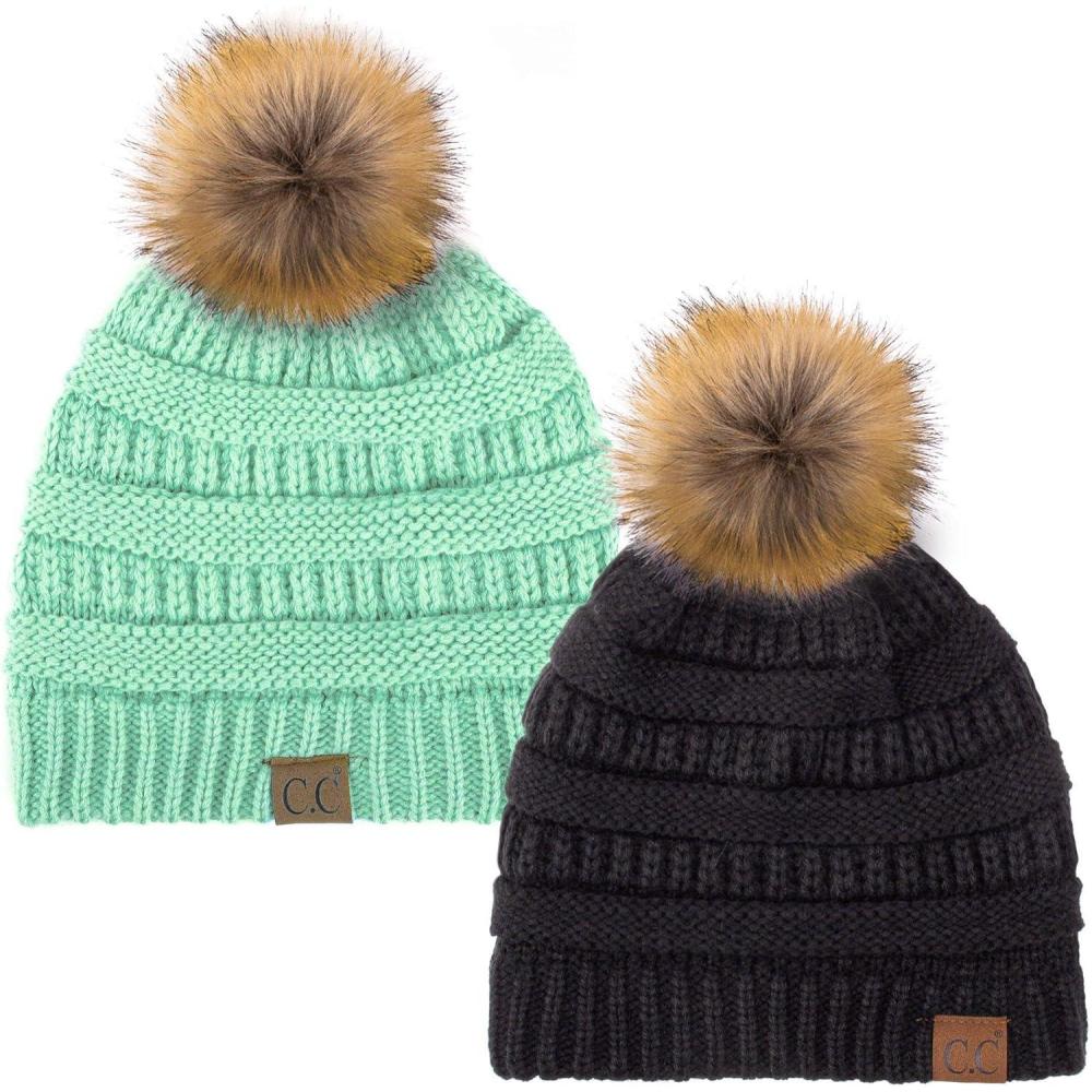 imageCC Hat43 Thick Warm Cap Hat Skully Faux Fur Pom Pom Cable Knit Beanie 2 PackBlackMint