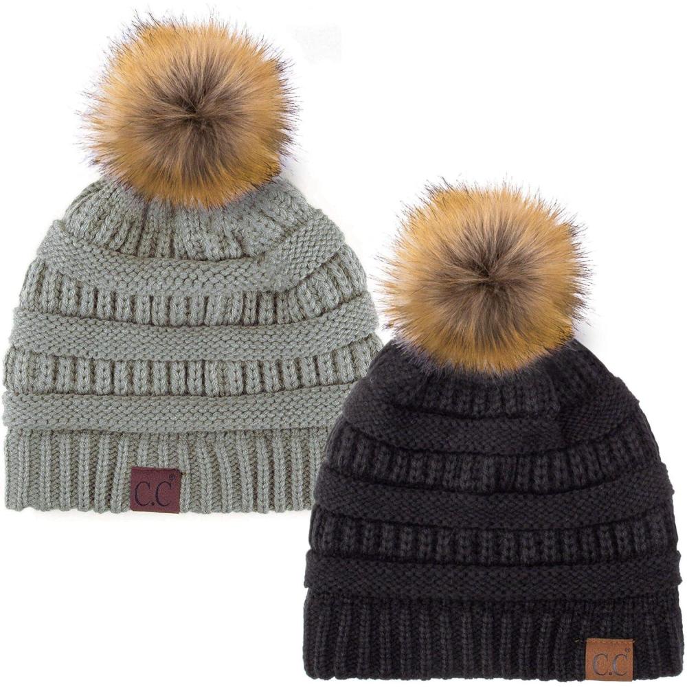 imageCC Hat43 Thick Warm Cap Hat Skully Faux Fur Pom Pom Cable Knit Beanie 2 PackBlackNatural Grey