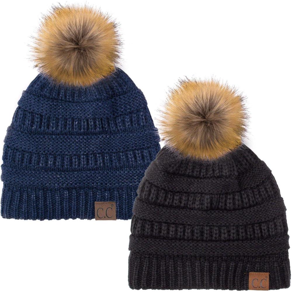 imageCC Hat43 Thick Warm Cap Hat Skully Faux Fur Pom Pom Cable Knit Beanie 2 PackBlackNavy