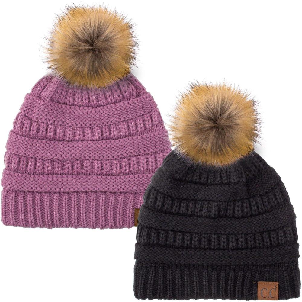 imageCC Hat43 Thick Warm Cap Hat Skully Faux Fur Pom Pom Cable Knit Beanie 2 PackBlackNew Lavender