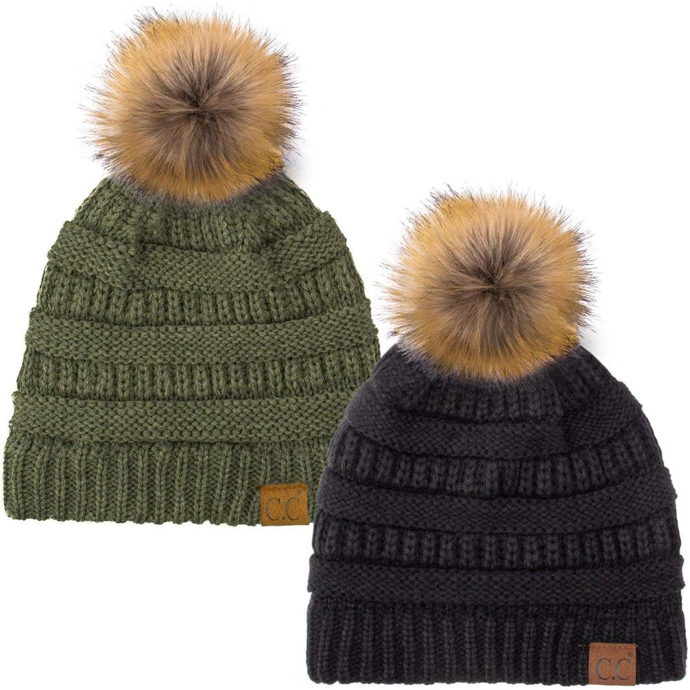 imageCC Hat43 Thick Warm Cap Hat Skully Faux Fur Pom Pom Cable Knit Beanie 2 PackBlackNew Olive