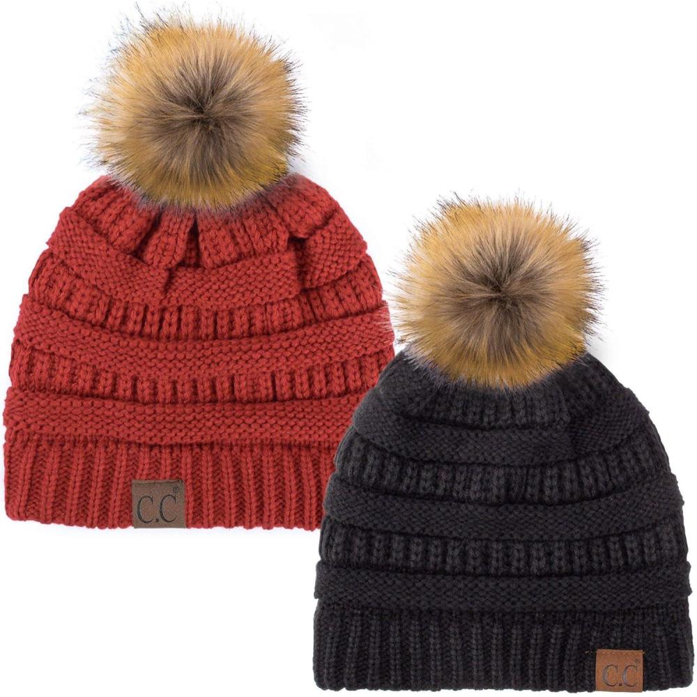 imageCC Hat43 Thick Warm Cap Hat Skully Faux Fur Pom Pom Cable Knit Beanie 2 PackBlackRed