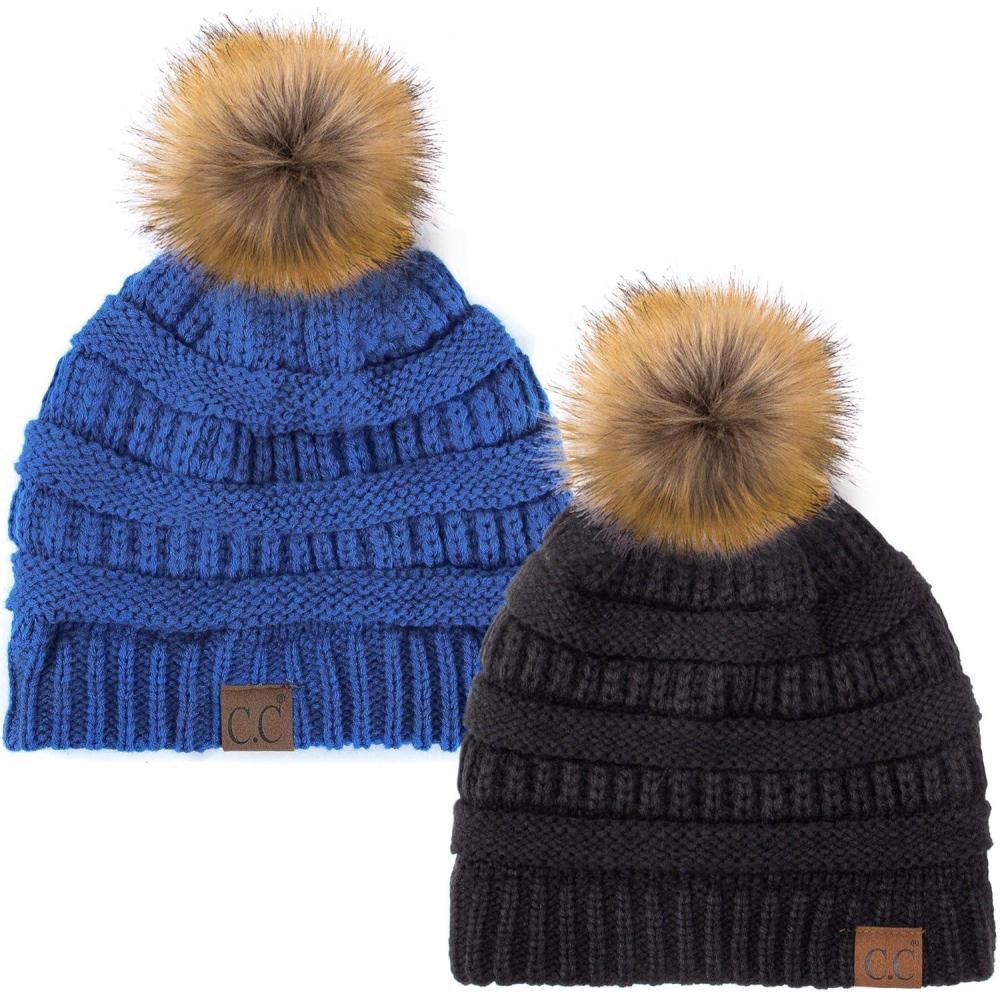 imageCC Hat43 Thick Warm Cap Hat Skully Faux Fur Pom Pom Cable Knit Beanie 2 PackBlackRoyal
