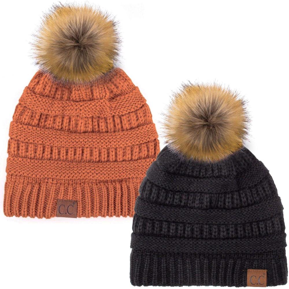 imageCC Hat43 Thick Warm Cap Hat Skully Faux Fur Pom Pom Cable Knit Beanie 2 PackBlackRust
