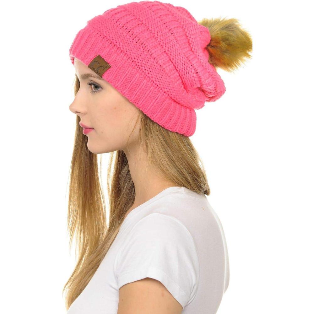 imageCC Hat43 Thick Warm Cap Hat Skully Faux Fur Pom Pom Cable Knit Beanie 2 PackCandy Pink