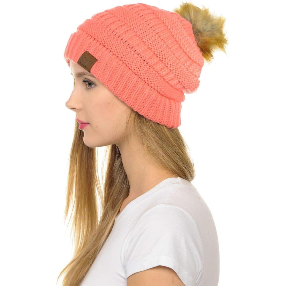 imageCC Hat43 Thick Warm Cap Hat Skully Faux Fur Pom Pom Cable Knit Beanie 2 PackCoral