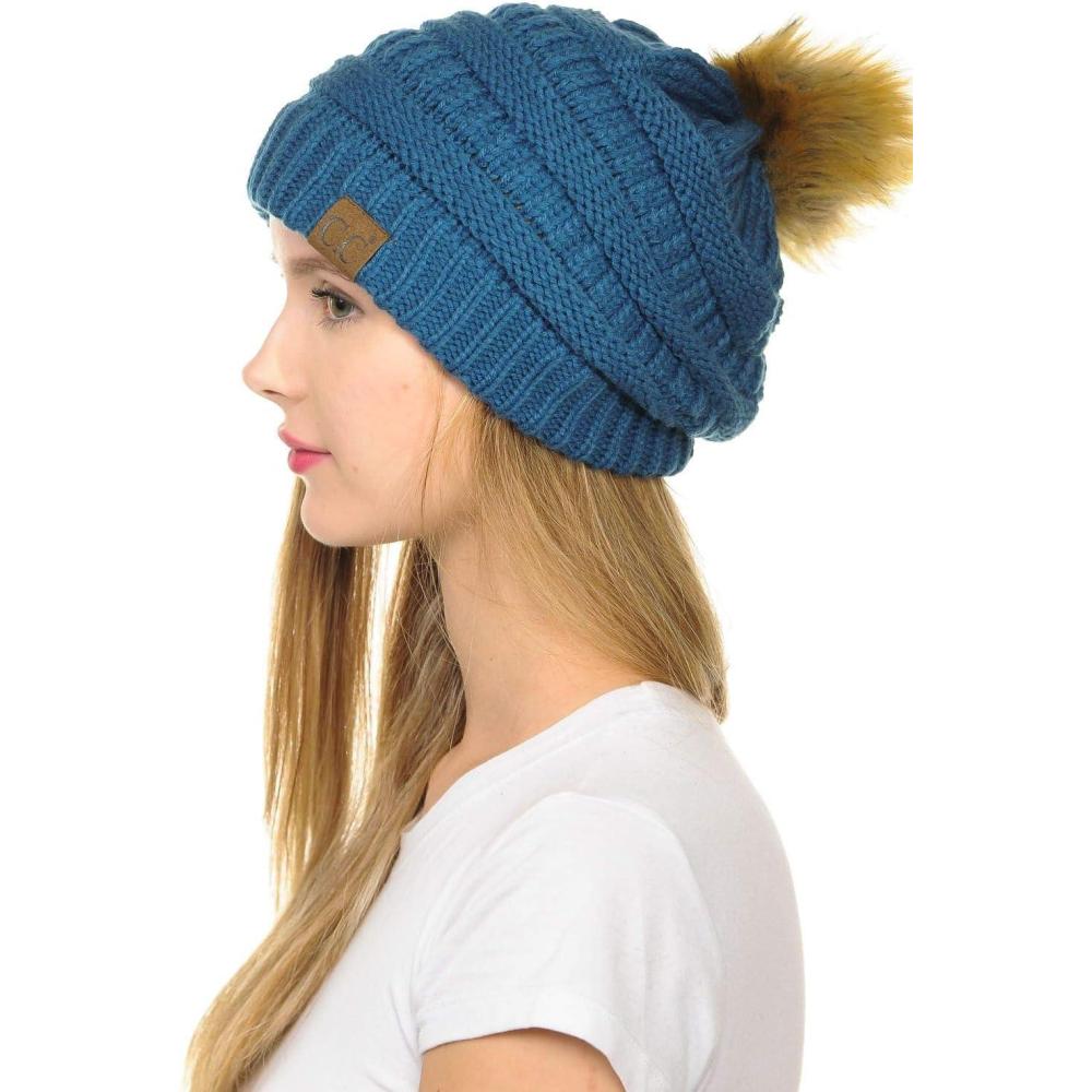 imageCC Hat43 Thick Warm Cap Hat Skully Faux Fur Pom Pom Cable Knit Beanie 2 PackDark Denim