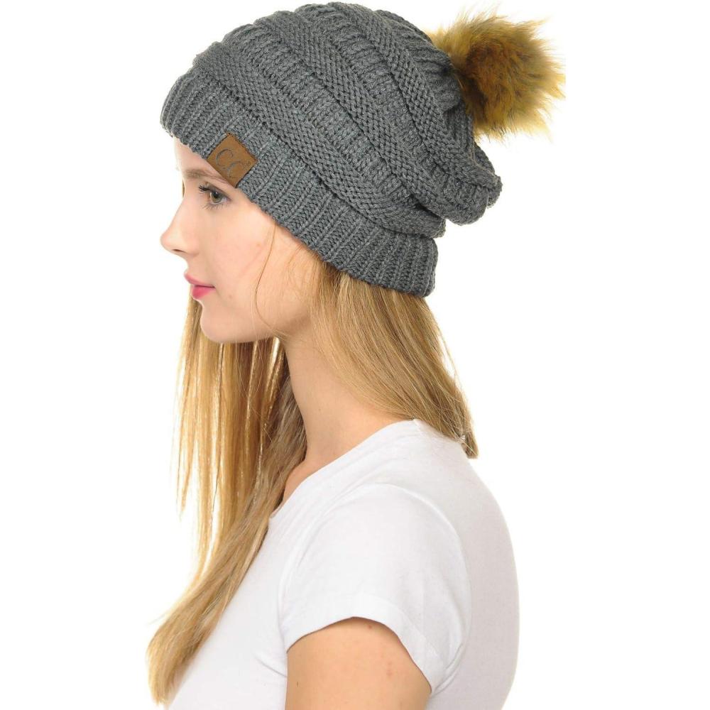 imageCC Hat43 Thick Warm Cap Hat Skully Faux Fur Pom Pom Cable Knit Beanie 2 PackDark Melange